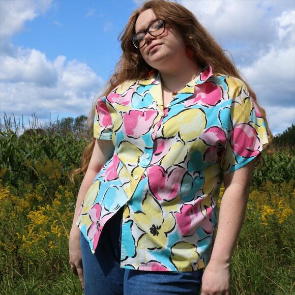Vintage Floral Pastel Button Up Short Sleeve Blouse, L - Picture 1 of 4